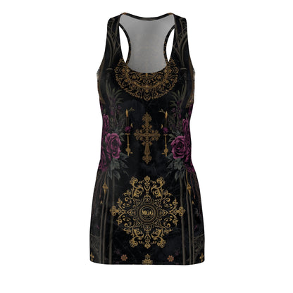 Gothic Rose Racerback Dress — Gold Cross & Velvet Floral AOP
