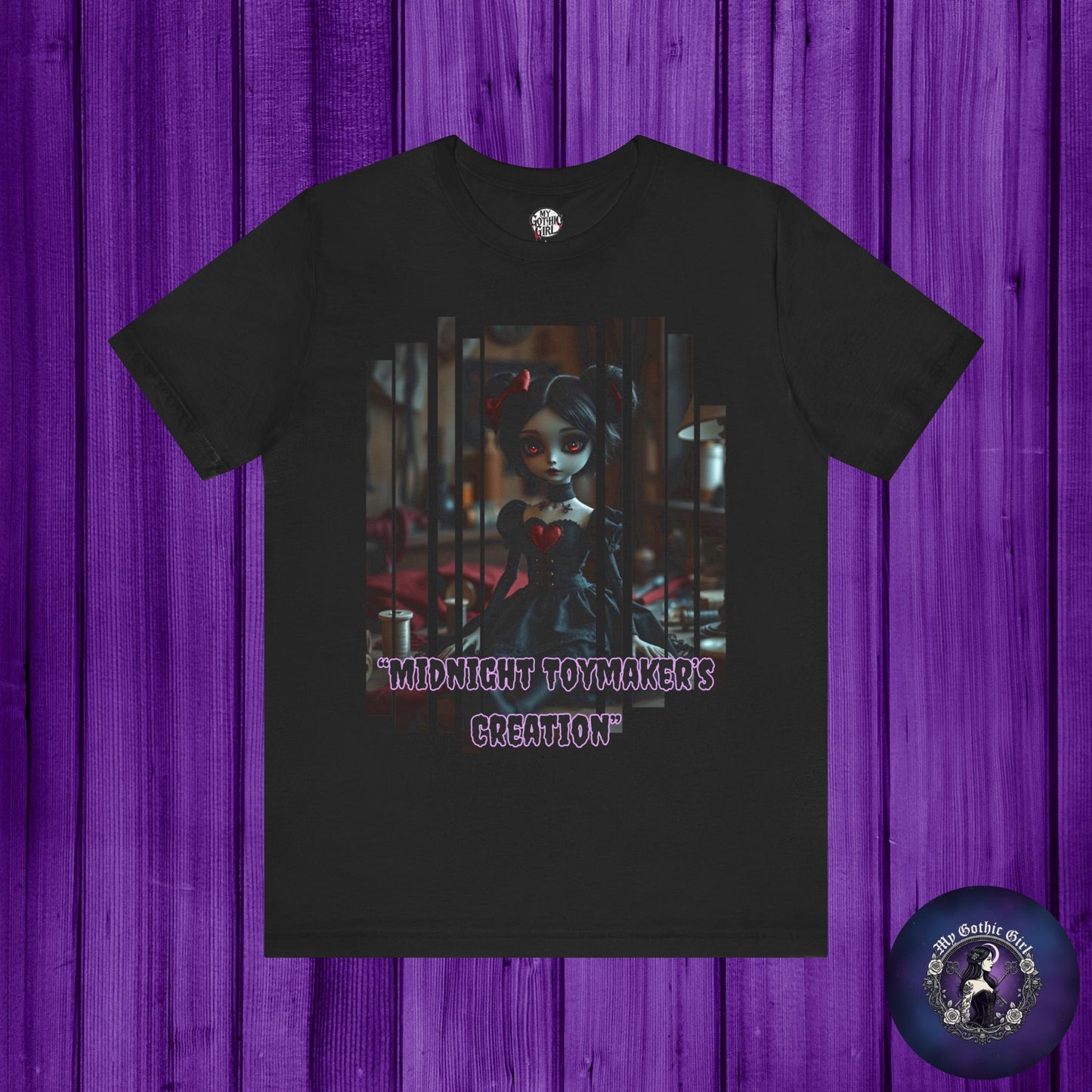“Midnight Toy-maker's Creation” —hand-stitched Gothic doll Graphic T-Shirt – Alt Aesthetic Poetic Goth Street-wear