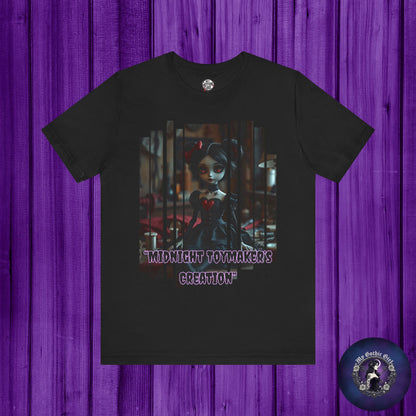 “Midnight Toy-maker's Creation” —hand-stitched Gothic doll Graphic T-Shirt – Alt Aesthetic Poetic Goth Street-wear