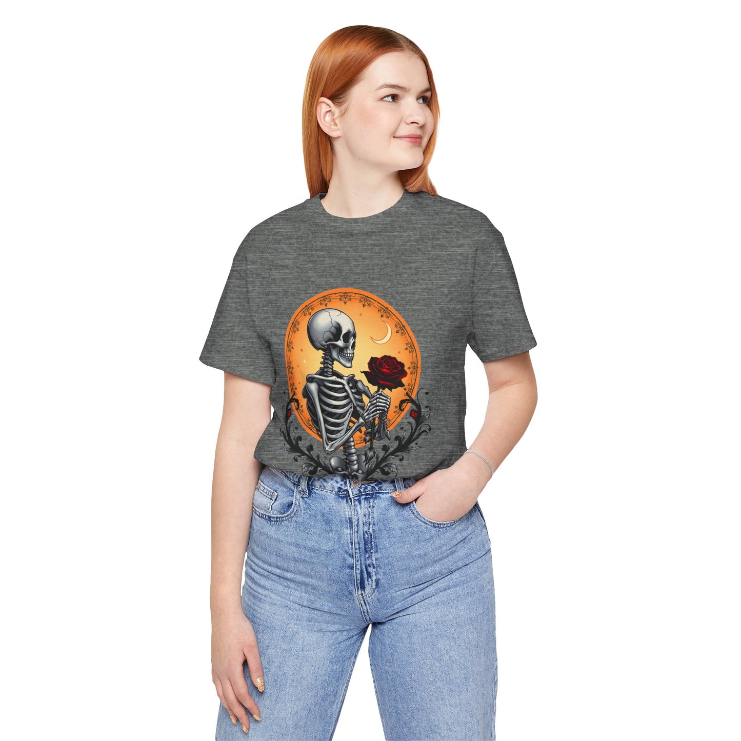 Mystical Gothic Skeleton and Black Rose Under Crescent Moon T-Shirt Design