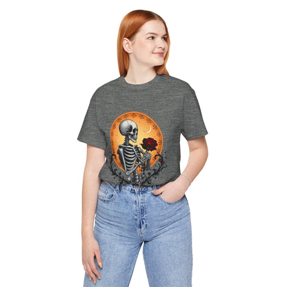 Mystical Gothic Skeleton and Black Rose Under Crescent Moon T-Shirt Design