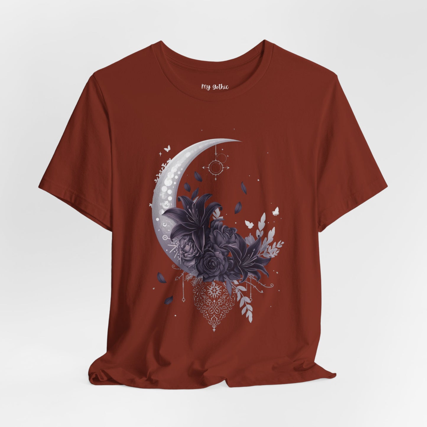 “Moonlit Bouquet & Sacred Soft Goth Symbol” Moonlit Bouquet Unisex Tee - Soft Goth Symbol Floral Design
