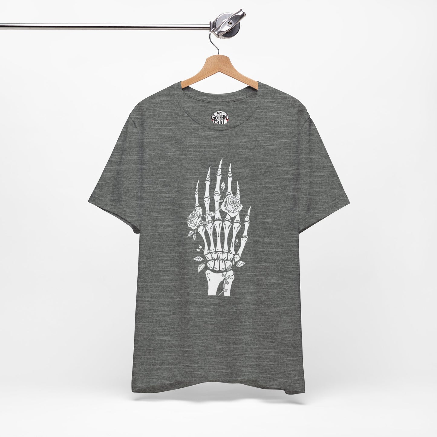 White Roses and Skeleton Hand  Gothic Graphic T-Shirt – Alt Aesthetic Poetic Goth Streetwear