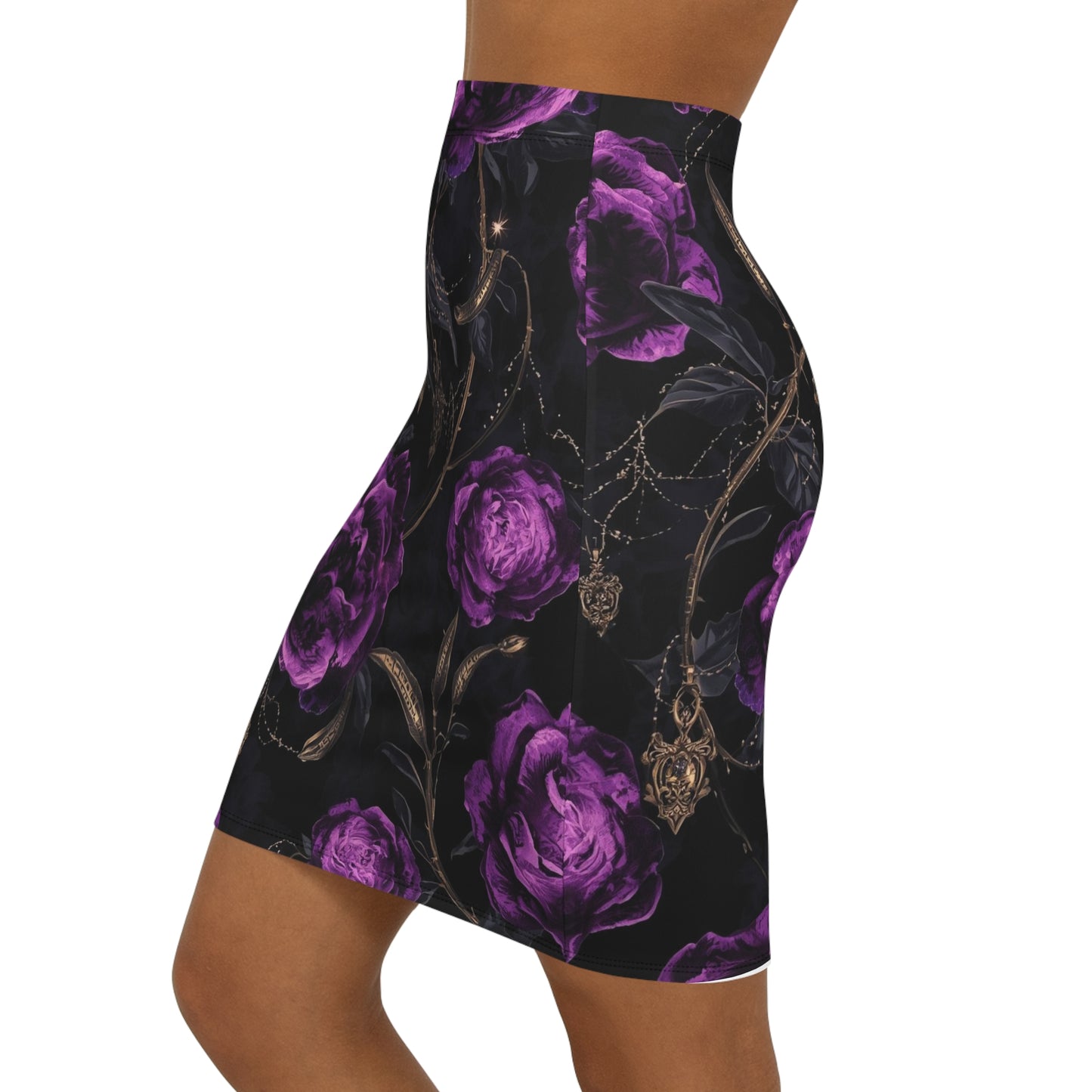 Purple Rose Gothic Pencil Skirt — Floral Mid-Waist Bodycon Skirt
