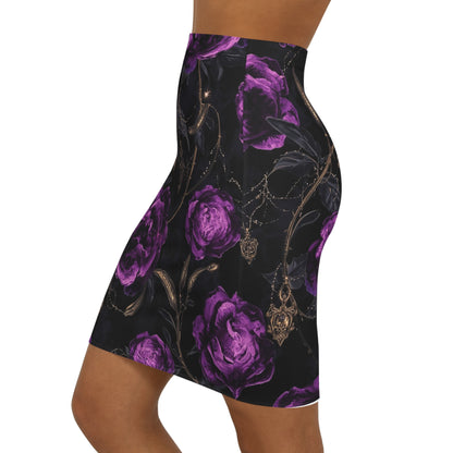 Purple Rose Gothic Pencil Skirt — Floral Mid-Waist Bodycon Skirt