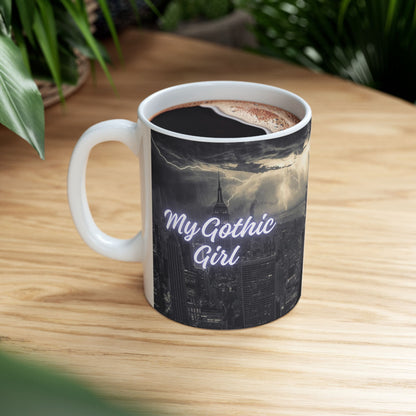 Gothic Angel Ceramic Mug — Moody Cityscape Memorial Coffee Cup (11oz/15oz)
