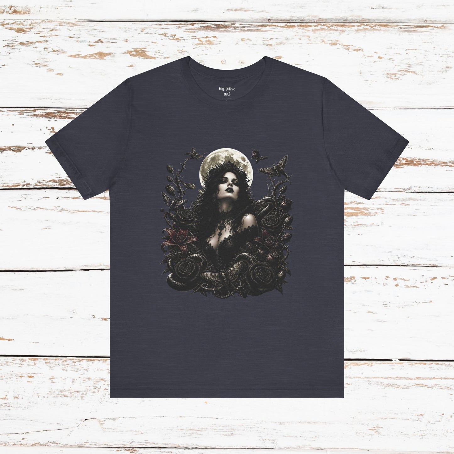 Gothic Moon Goddess Tee – Dark Floral Occult Graphic T-Shirt