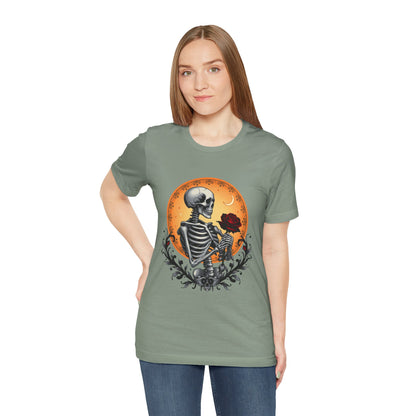 Mystical Gothic Skeleton and Black Rose Under Crescent Moon T-Shirt Design