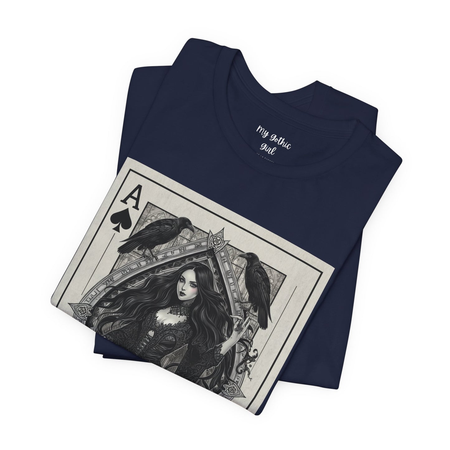 Ace of Spades Gothic Playing Card T‑Shirt — Dark Victorian Witch Illustration