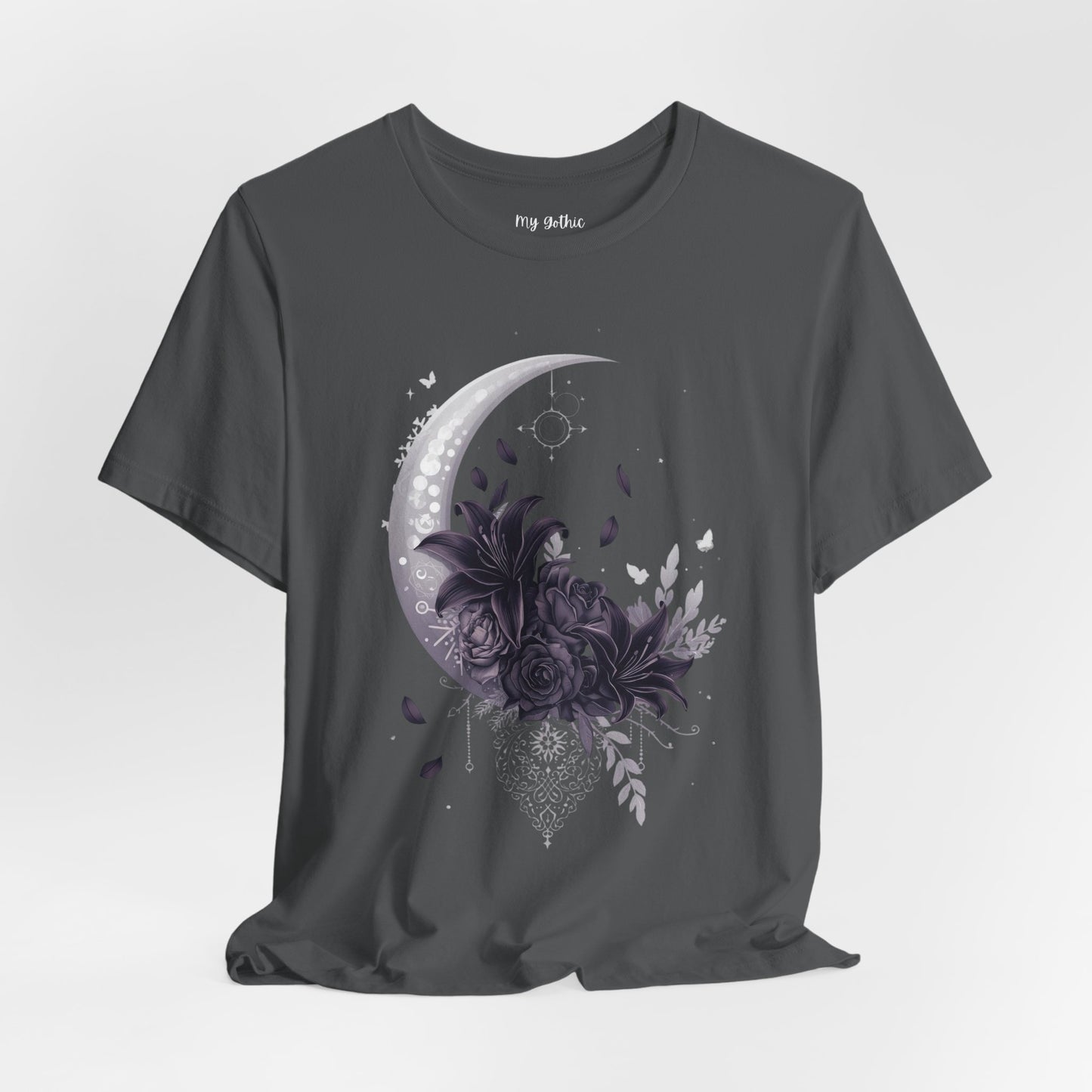 “Moonlit Bouquet & Sacred Soft Goth Symbol” Moonlit Bouquet Unisex Tee - Soft Goth Symbol Floral Design