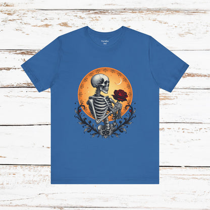 Mystical Gothic Skeleton and Black Rose Under Crescent Moon T-Shirt Design