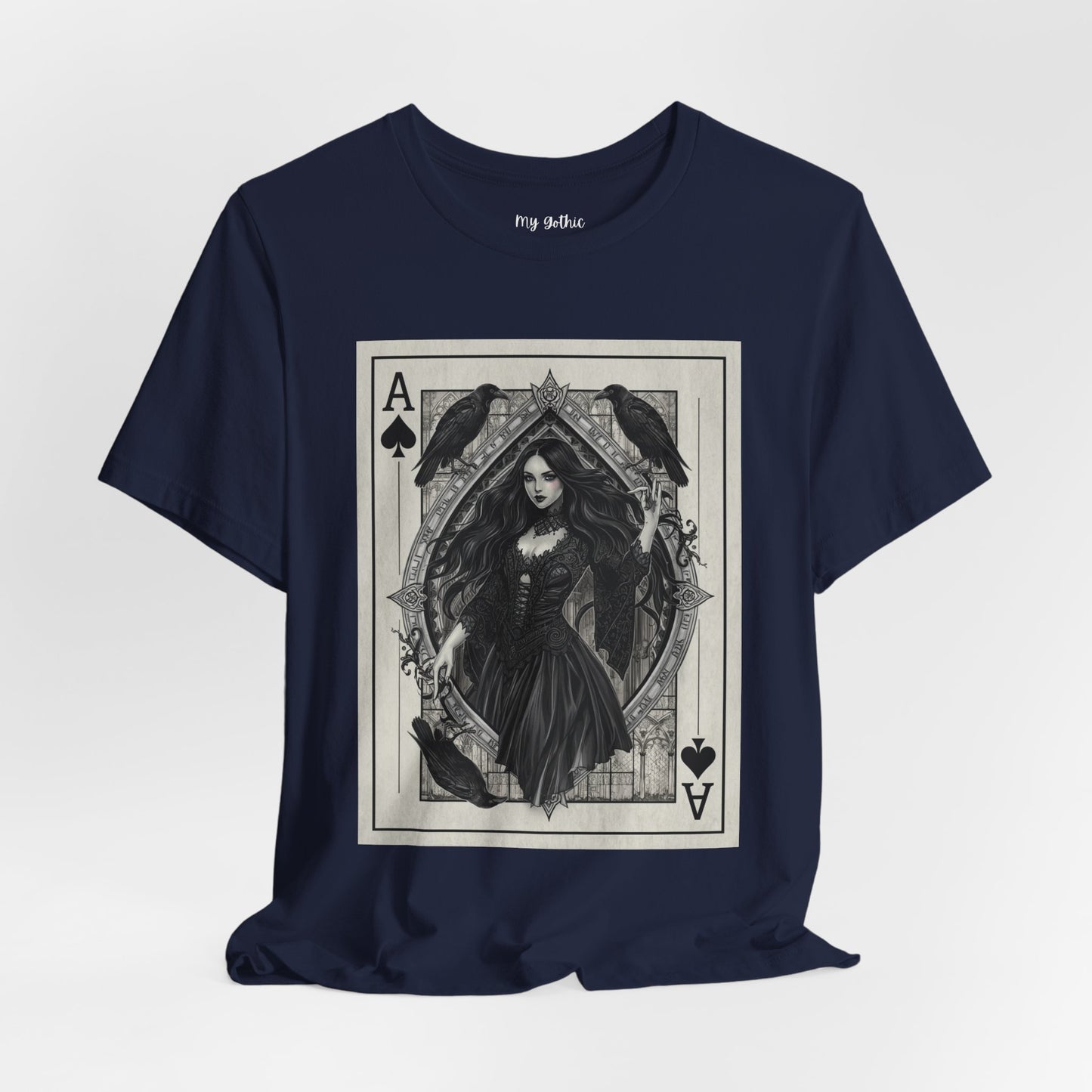 Ace of Spades Gothic Playing Card T‑Shirt — Dark Victorian Witch Illustration
