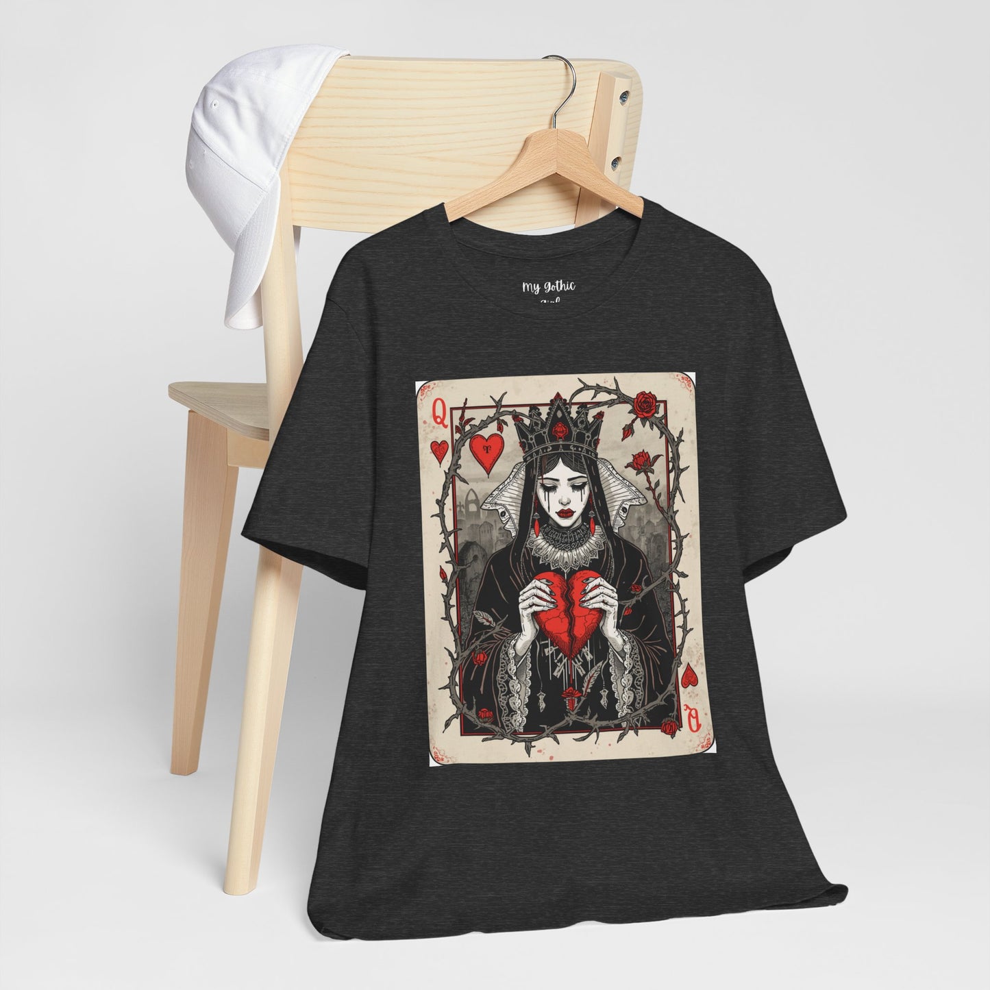 Queen of Hearts Playing Card T-Shirt — Gothic Rose Broken Heart Graphic Tee