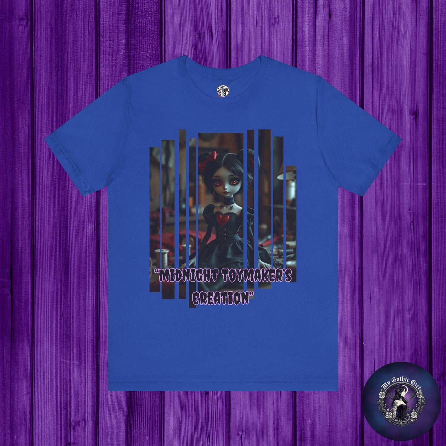 “Midnight Toy-maker's Creation” —hand-stitched Gothic doll Graphic T-Shirt – Alt Aesthetic Poetic Goth Street-wear