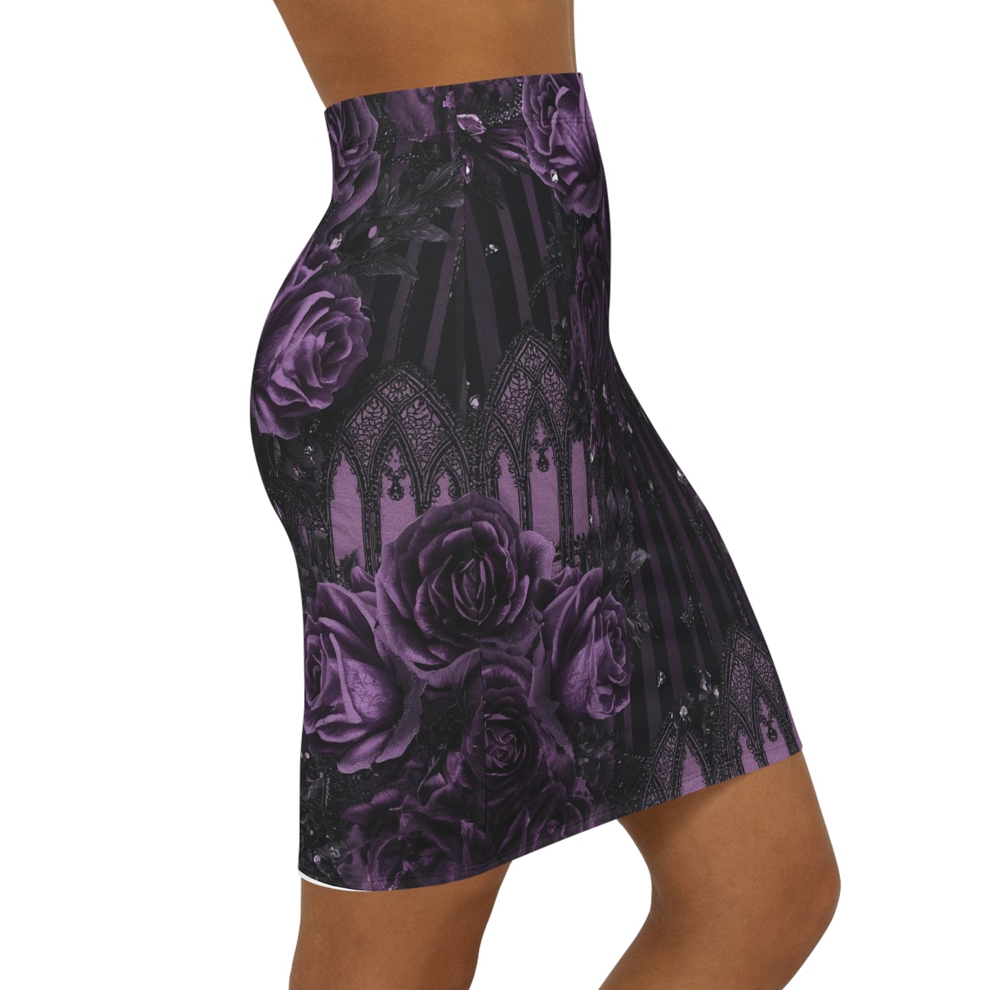 Gothic Purple Rose Pencil Skirt — Mid‑Waist Floral Gothic Bodycon