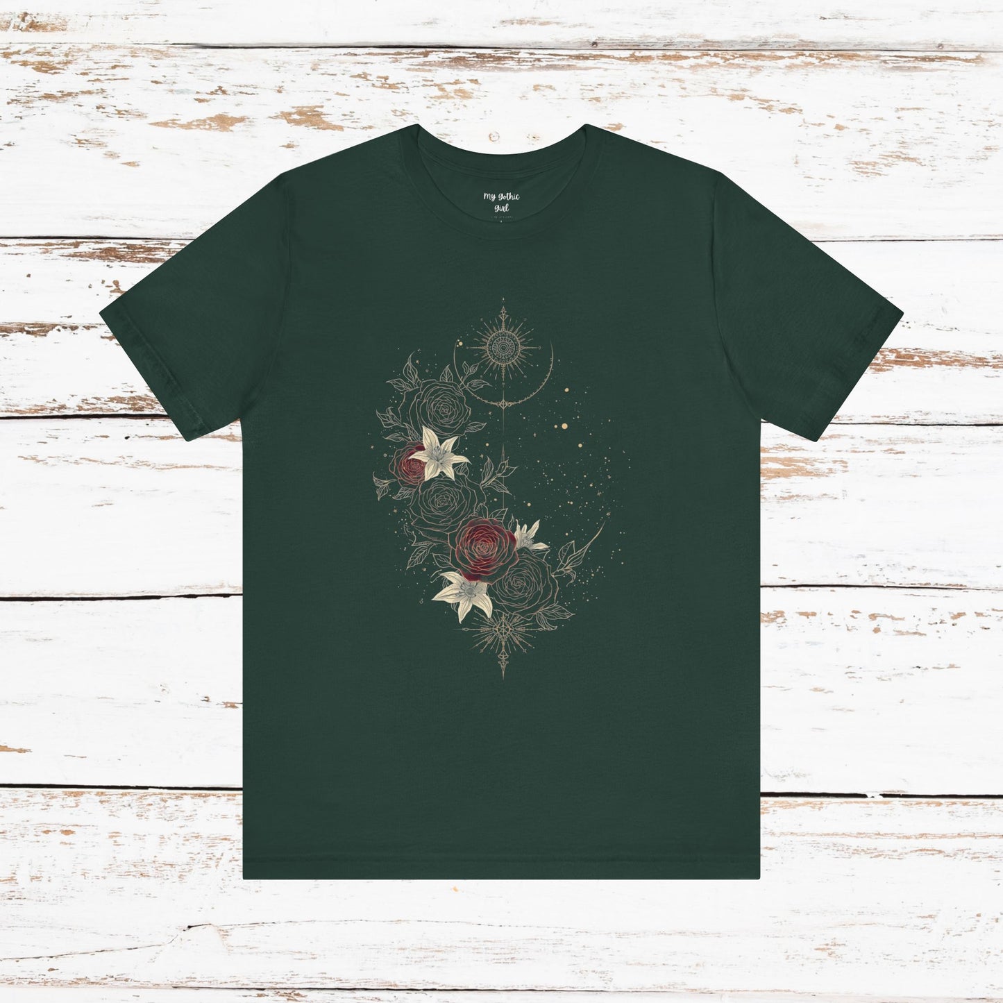 “Dark Floral Moon & Ornamental Geometry” T-Shirt Dark Floral Moon Ornamental Geometry Unisex Jersey Short Sleeve Tee