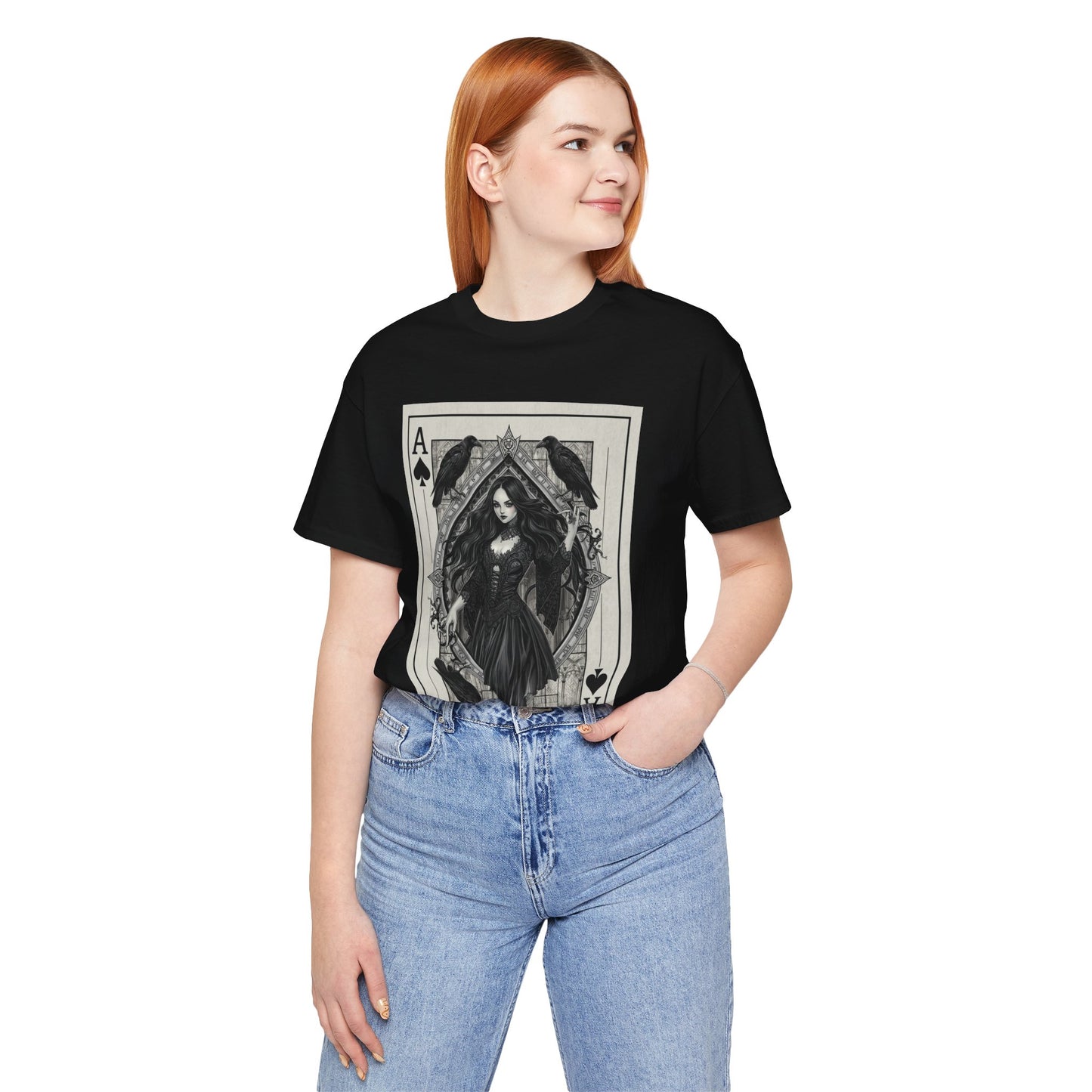 Ace of Spades Gothic Playing Card T‑Shirt — Dark Victorian Witch Illustration