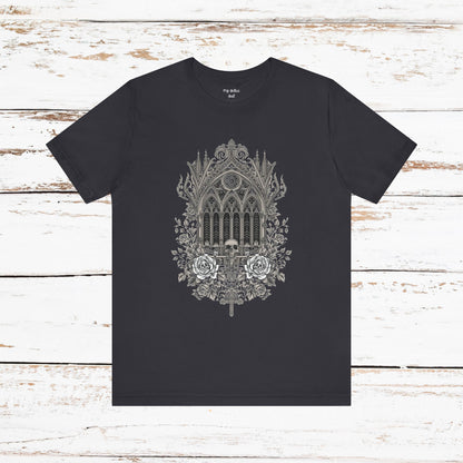 Gothic Cathedral Floral Tee — Intricate Rose Window Graphic T-Shirt