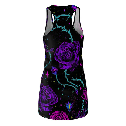 Purple Neon Rose Racerback Dress — Gothic Floral AOP Dress