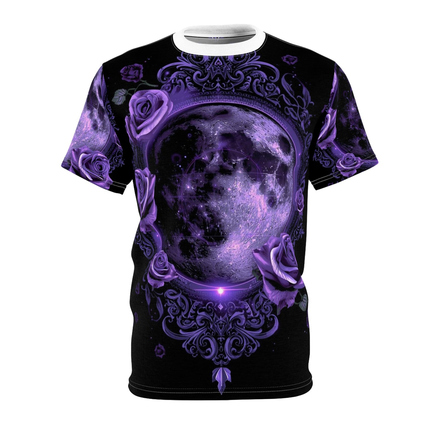 Purple Moon & Roses Tee — Gothic Floral Moonlight All-Over Print Shirt