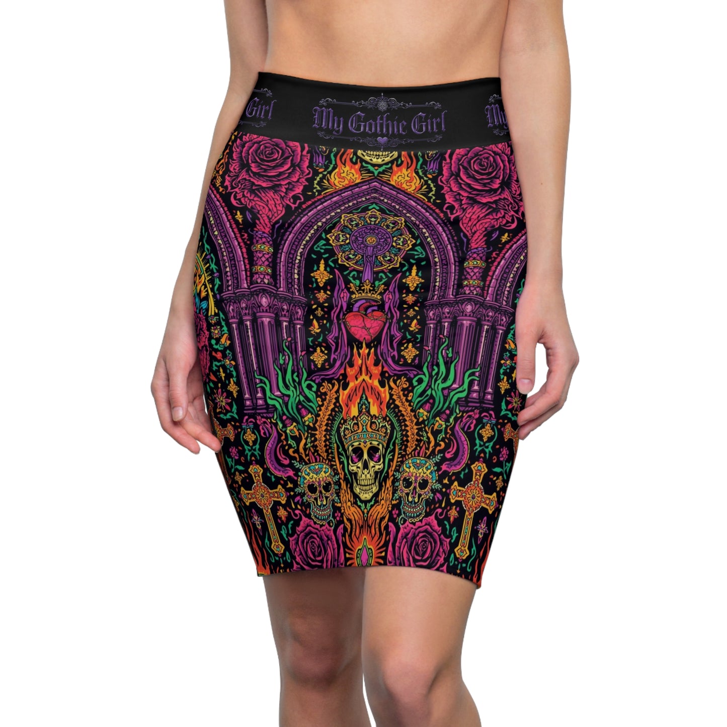 Gothic Skull & Roses Pencil Skirt — 'My Gothic Girl' All-Over Print