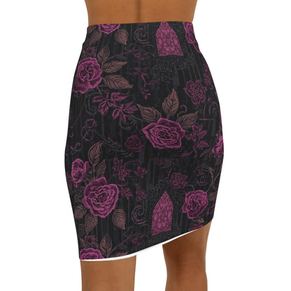 Purple Rose Gothic Pencil Skirt — Floral Mid‑Waist Bodycon