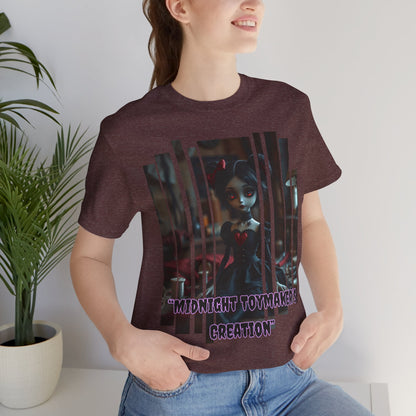 “Midnight Toy-maker's Creation” —hand-stitched Gothic doll Graphic T-Shirt – Alt Aesthetic Poetic Goth Street-wear