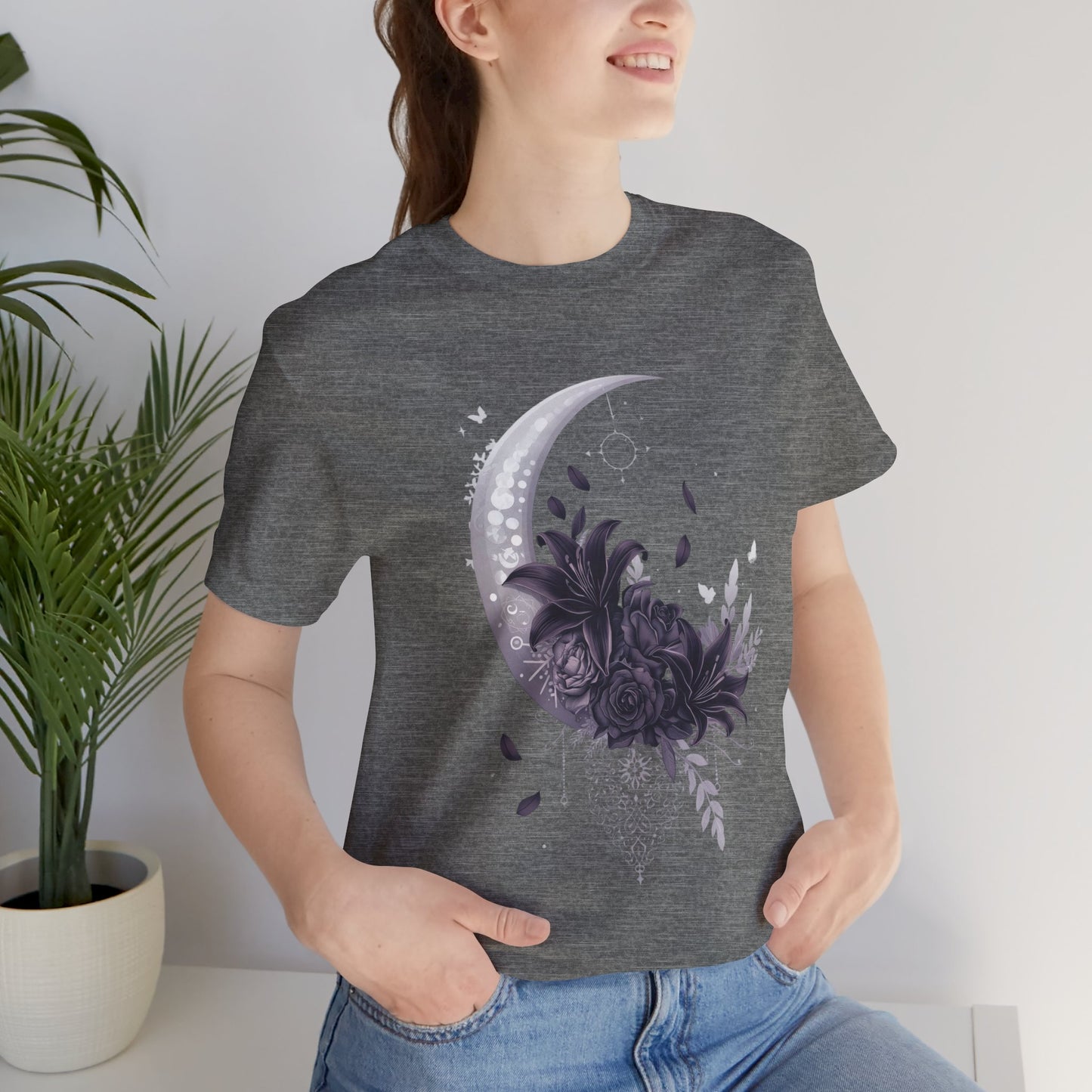 “Moonlit Bouquet & Sacred Soft Goth Symbol” Moonlit Bouquet Unisex Tee - Soft Goth Symbol Floral Design