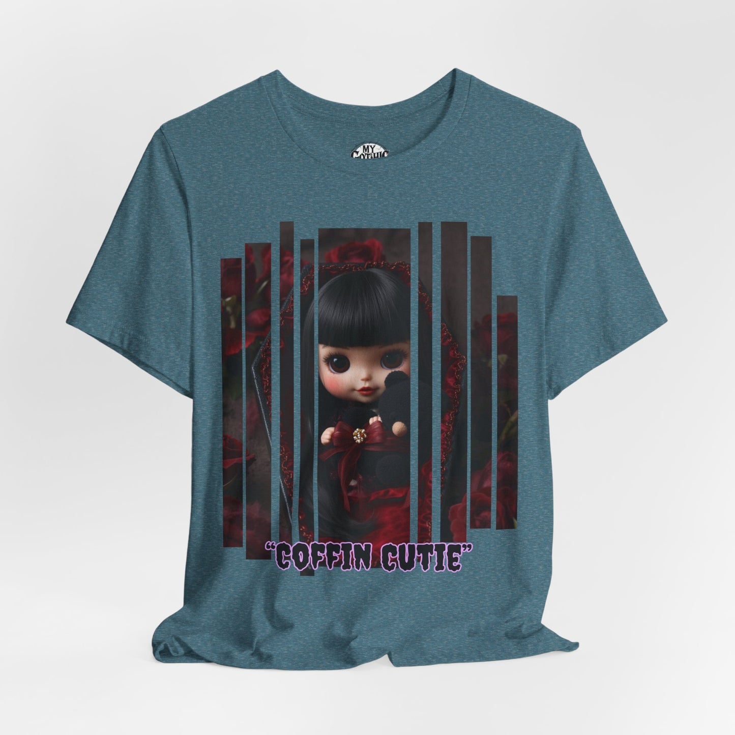 “Coffin Cutie” — cute Gothic doll peeking out from a small coffin Graphic T-Shirt – Alt Aesthetic Poetic Goth Street-wear