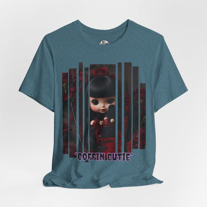 “Coffin Cutie” — cute Gothic doll peeking out from a small coffin Graphic T-Shirt – Alt Aesthetic Poetic Goth Street-wear