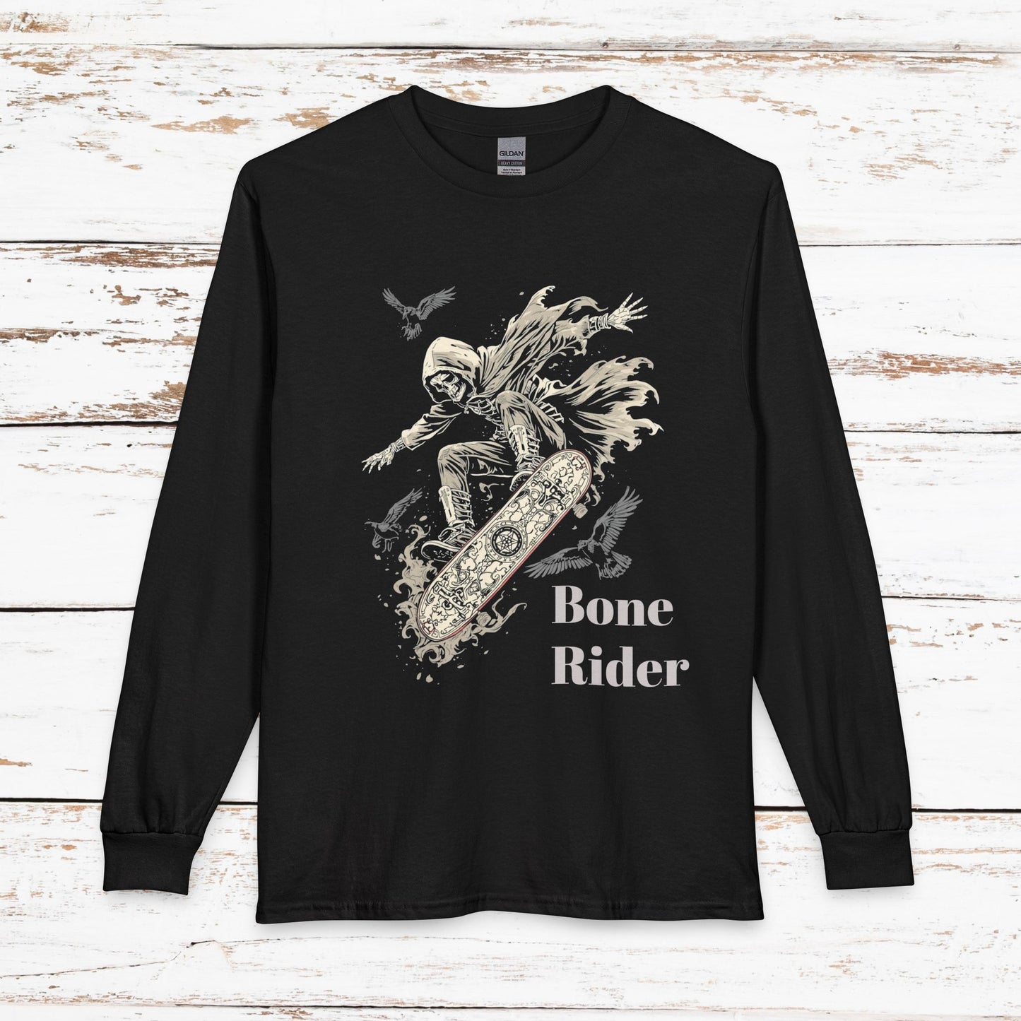 Gothic Skull Skateboard Long Sleeve Shirt — "Bone Rider"