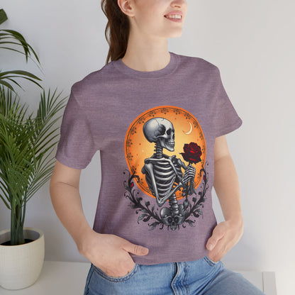 Mystical Gothic Skeleton and Black Rose Under Crescent Moon T-Shirt Design