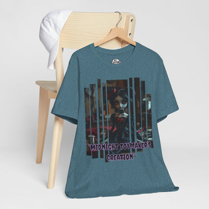 “Midnight Toy-maker's Creation” —hand-stitched Gothic doll Graphic T-Shirt – Alt Aesthetic Poetic Goth Street-wear
