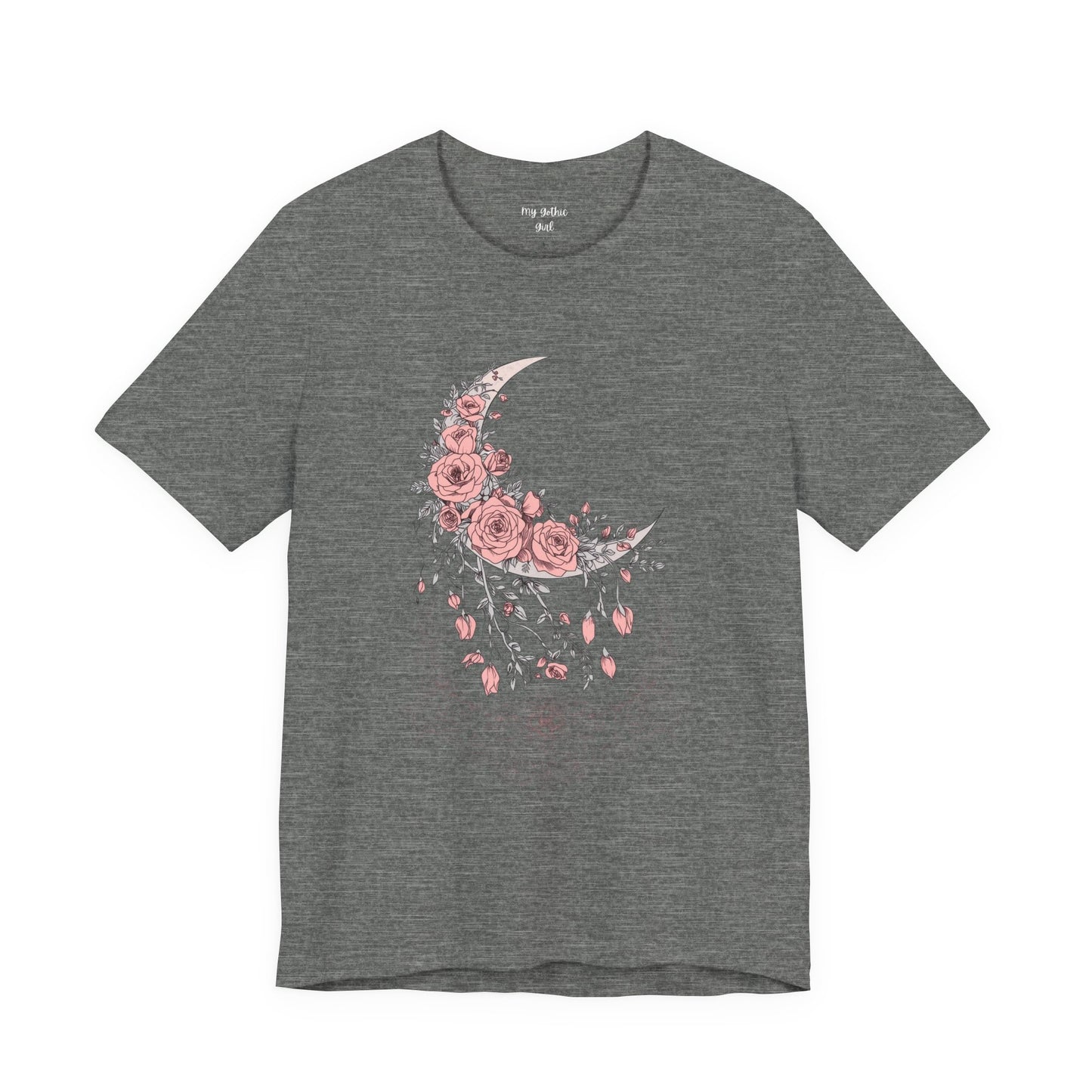 Celestial Goth Crescent Moon Tee with Dripping Florals – Mystic Graphic Art