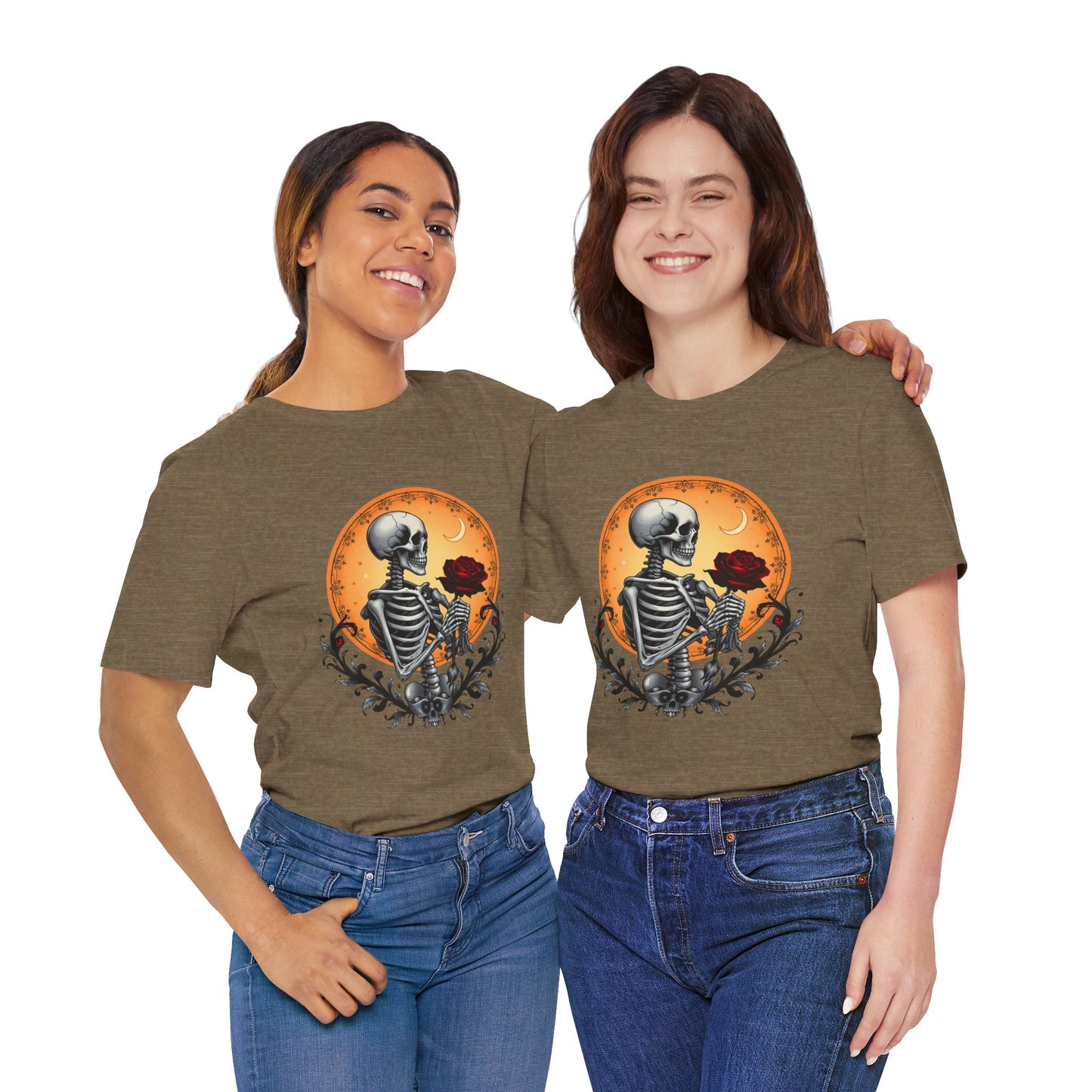 Mystical Gothic Skeleton and Black Rose Under Crescent Moon T-Shirt Design
