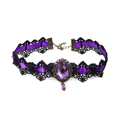 Pingyongchang Lace Choker Necklace Black Lace Crystal Choker Necklace for Women Halloween Weeding Costume Party Prom Vampire Pendant Choker for Women Gothic Jewelry-Purple
