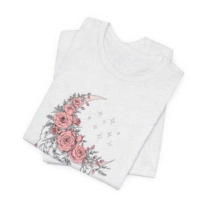 Celestial Goth Crescent Moon Tee with Dripping Florals – Mystic Graphic Art