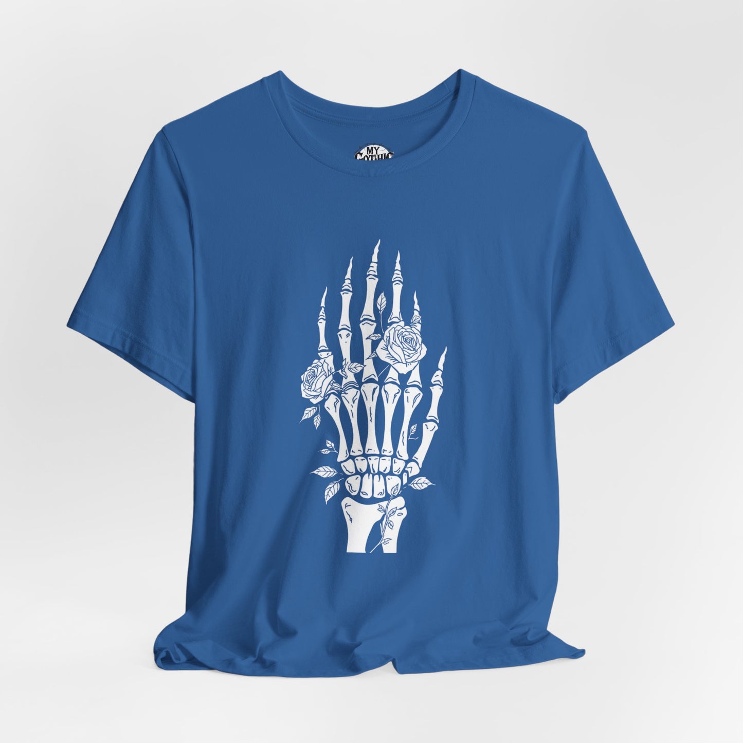 White Roses and Skeleton Hand  Gothic Graphic T-Shirt – Alt Aesthetic Poetic Goth Streetwear