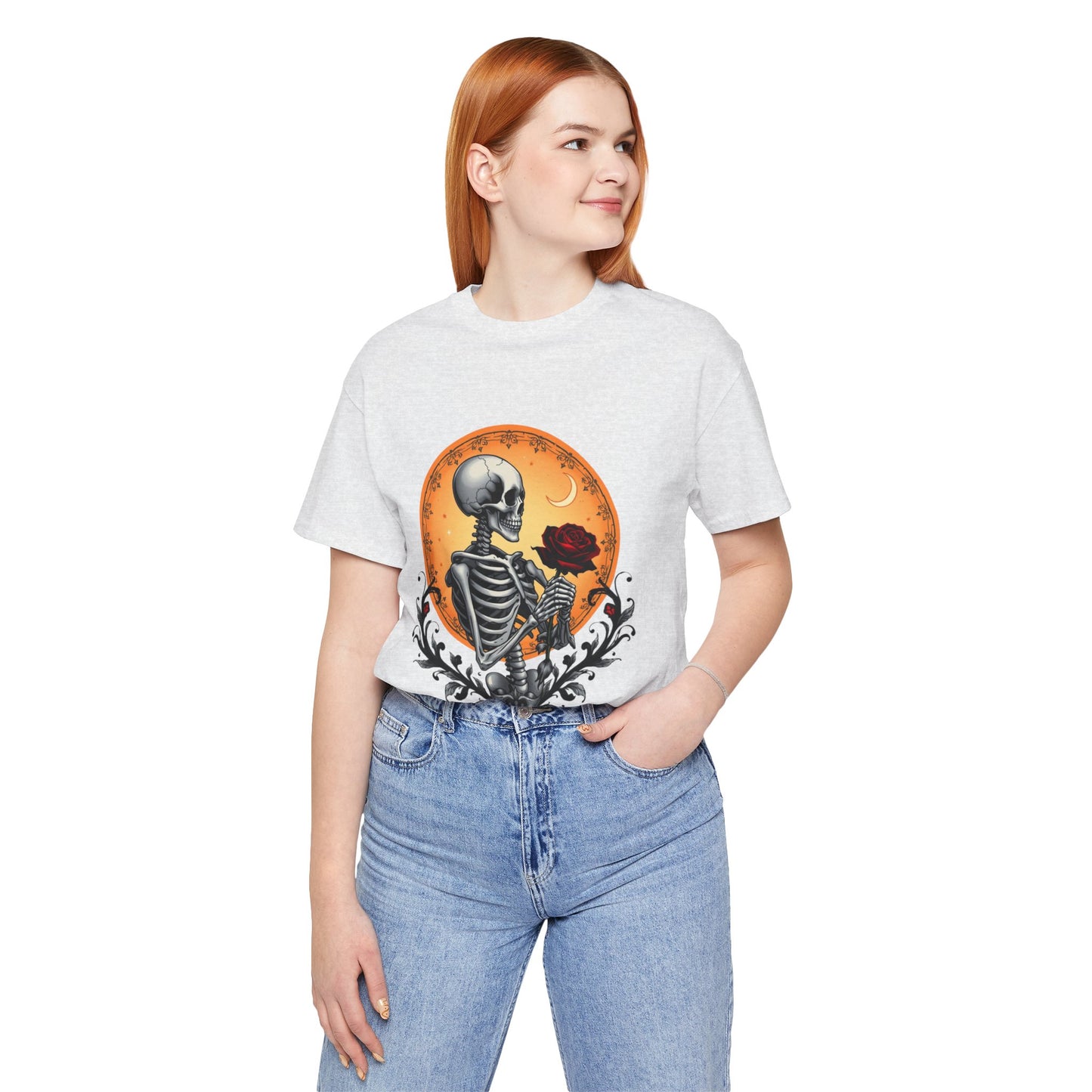 Mystical Gothic Skeleton and Black Rose Under Crescent Moon T-Shirt Design