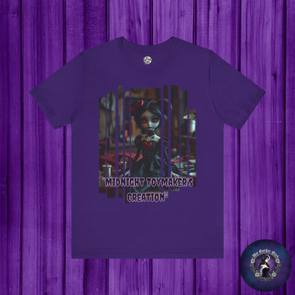 “Midnight Toy-maker's Creation” —hand-stitched Gothic doll Graphic T-Shirt – Alt Aesthetic Poetic Goth Street-wear