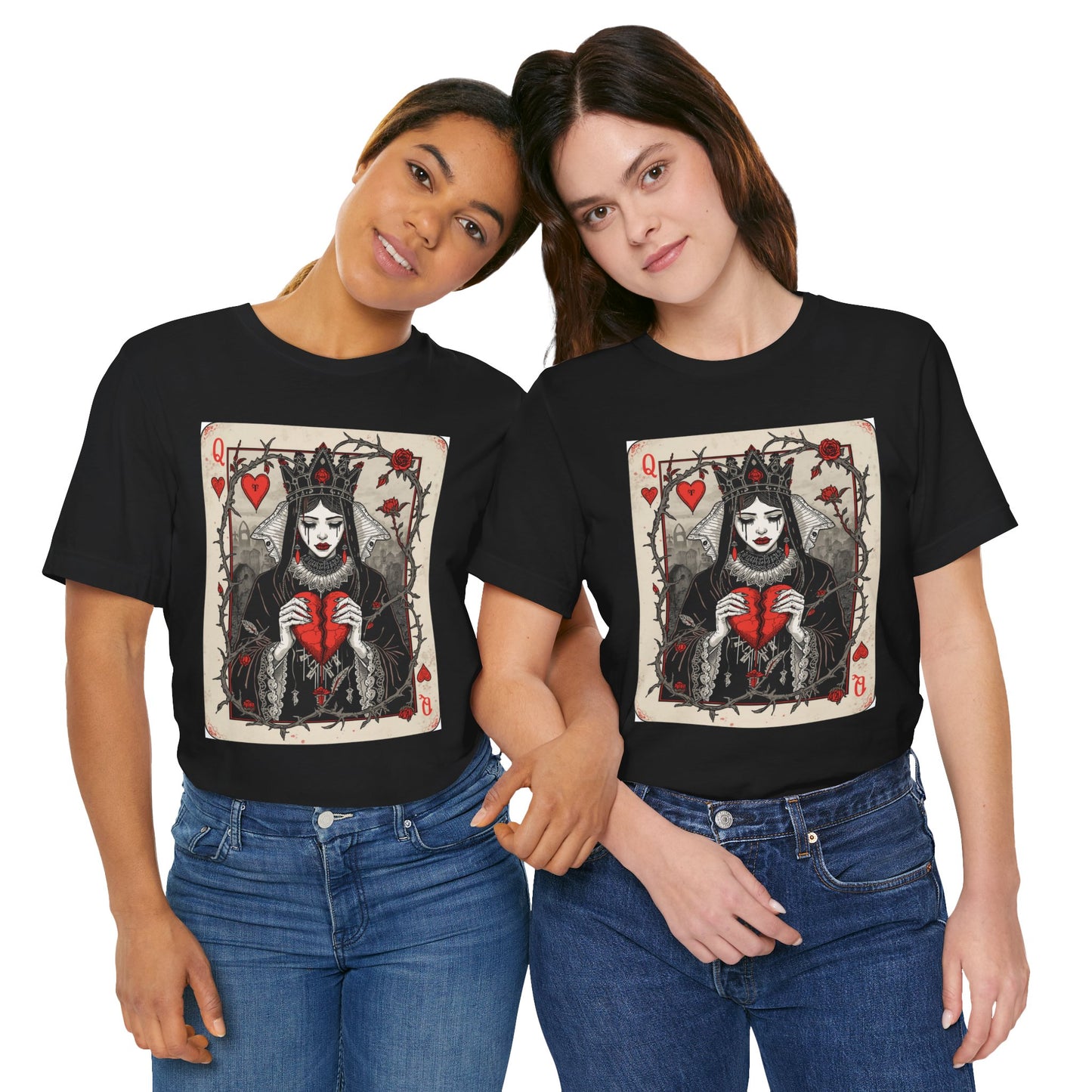 Queen of Hearts Playing Card T-Shirt — Gothic Rose Broken Heart Graphic Tee