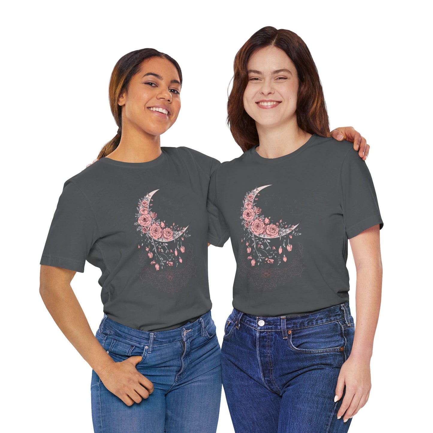 Celestial Goth Crescent Moon Tee with Dripping Florals – Mystic Graphic Art