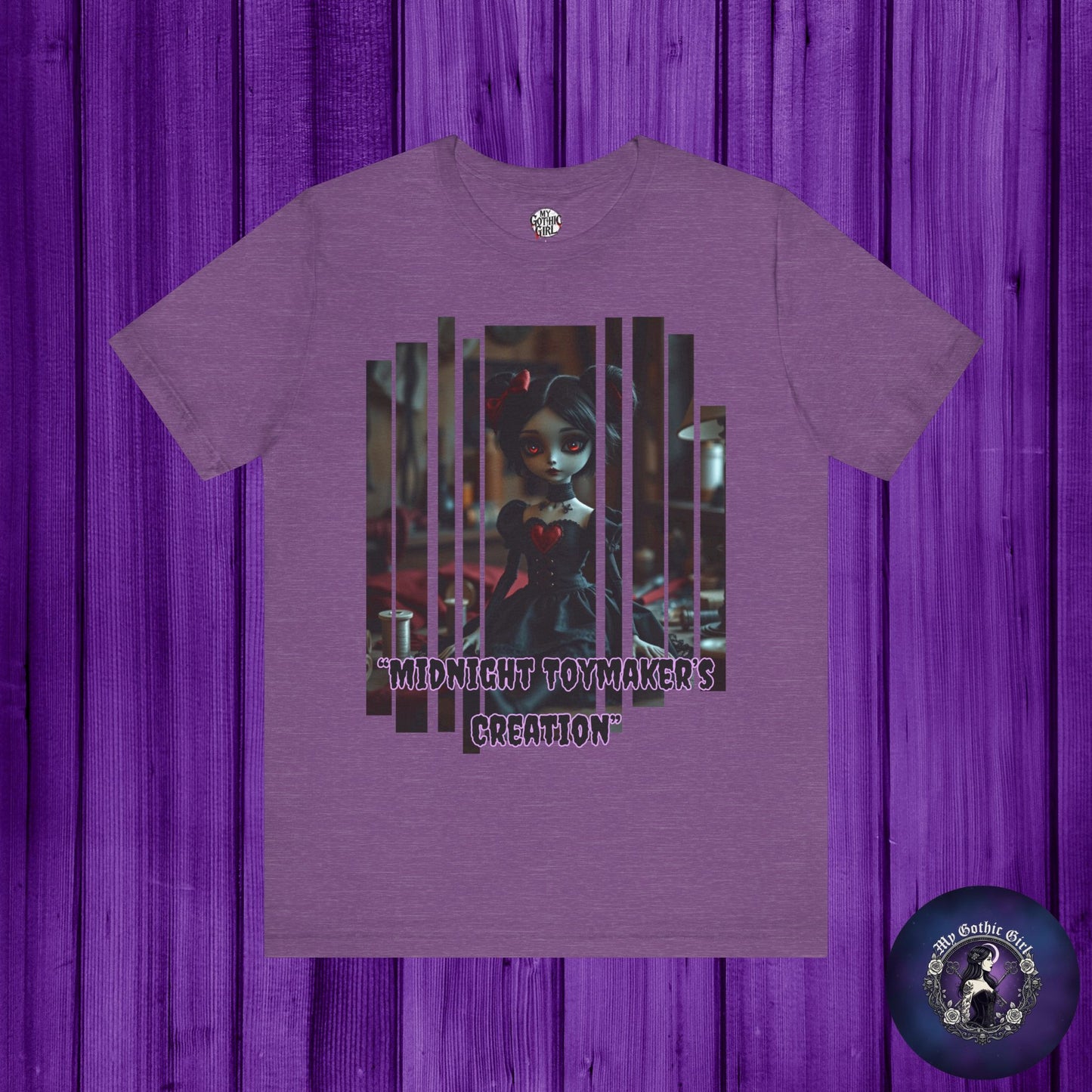 “Midnight Toy-maker's Creation” —hand-stitched Gothic doll Graphic T-Shirt – Alt Aesthetic Poetic Goth Street-wear