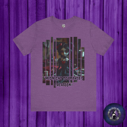“Midnight Toy-maker's Creation” —hand-stitched Gothic doll Graphic T-Shirt – Alt Aesthetic Poetic Goth Street-wear