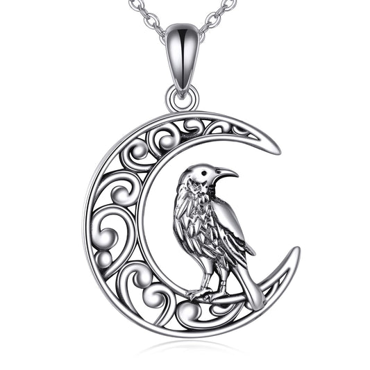 TIGER RIDER Raven Necklace for Women Sterling Silver Gothic Moon Pendant Necklace Raven Jewelry Birthday Halloween Gifts for Women Wife