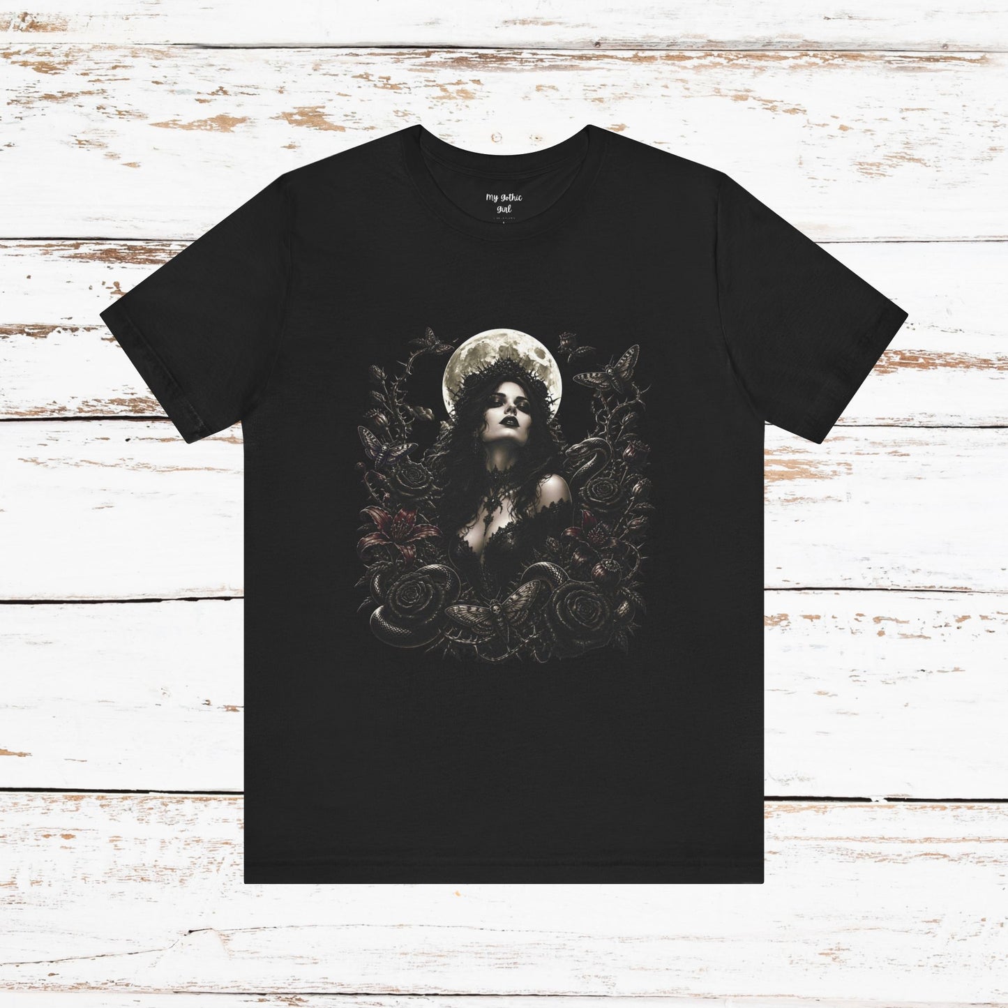 Gothic Moon Goddess Tee – Dark Floral Occult Graphic T-Shirt