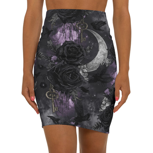 Gothic Moon & Black Rose Pencil Skirt — Dark Floral Crescent Key Print