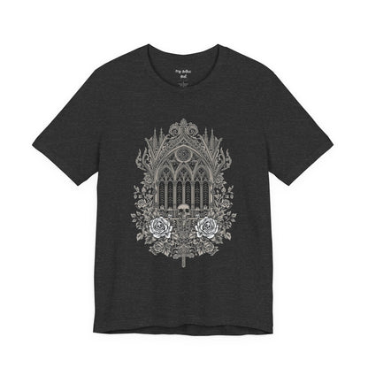 Gothic Cathedral Floral Tee — Intricate Rose Window Graphic T-Shirt