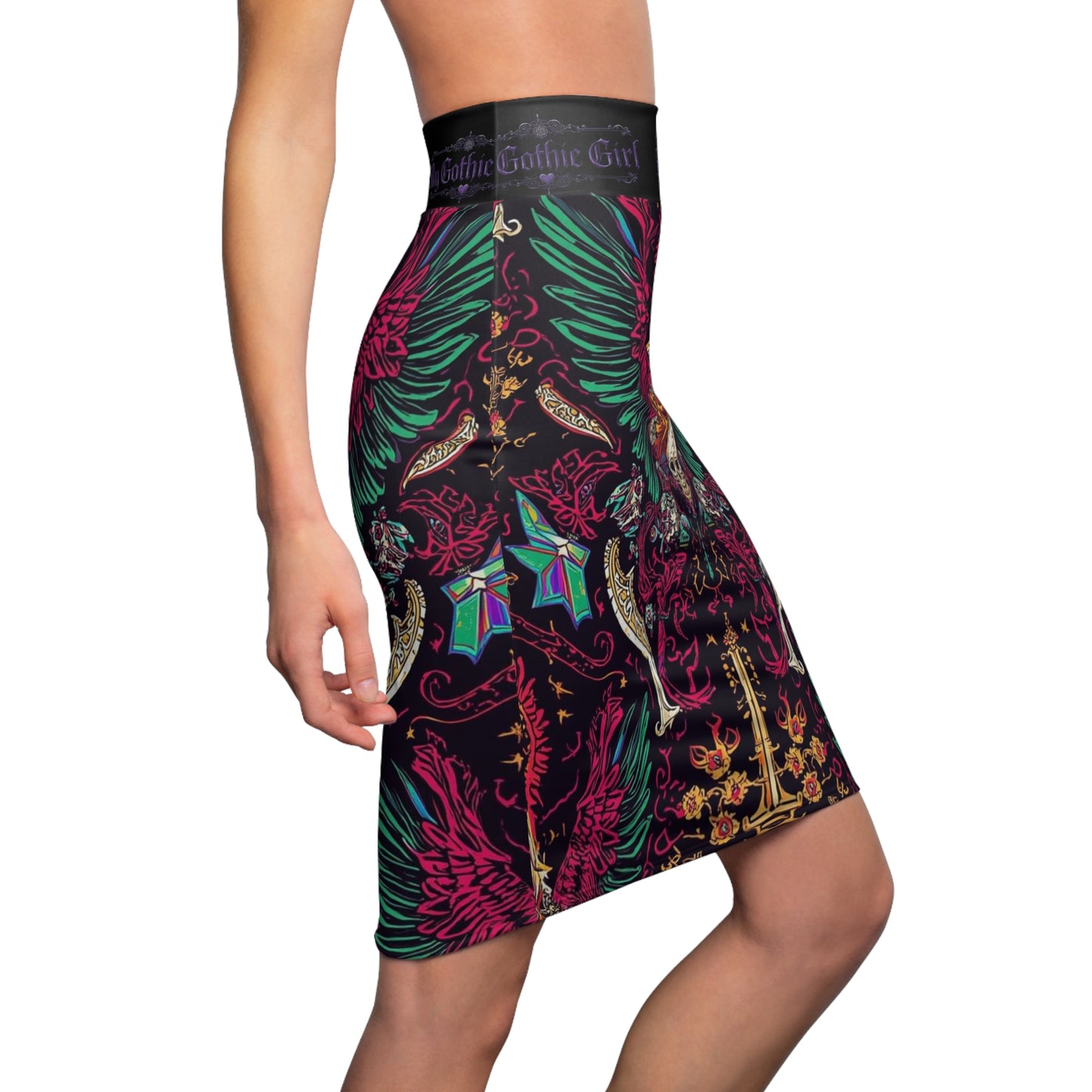 Gothic Skull Winged Crest Pencil Skirt – 'My Gothic Girl' AOP