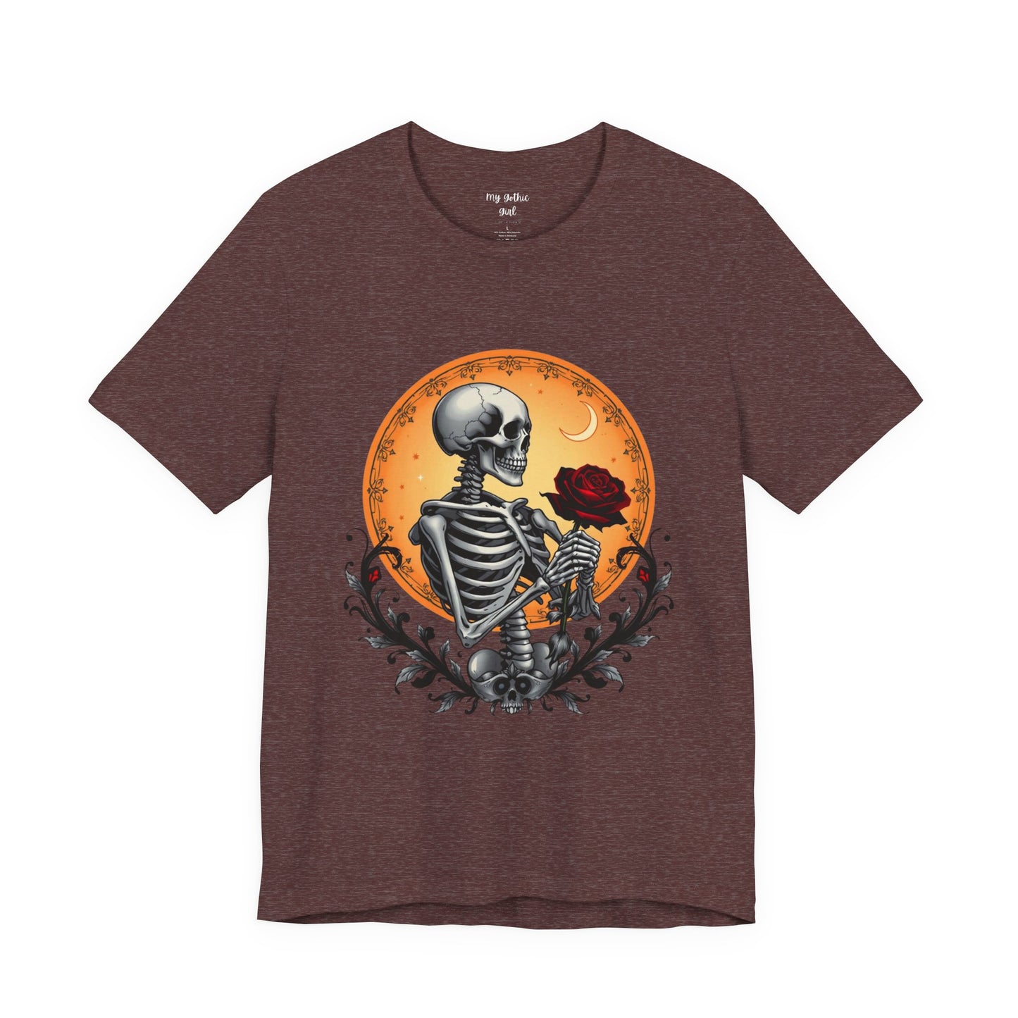 Mystical Gothic Skeleton and Black Rose Under Crescent Moon T-Shirt Design